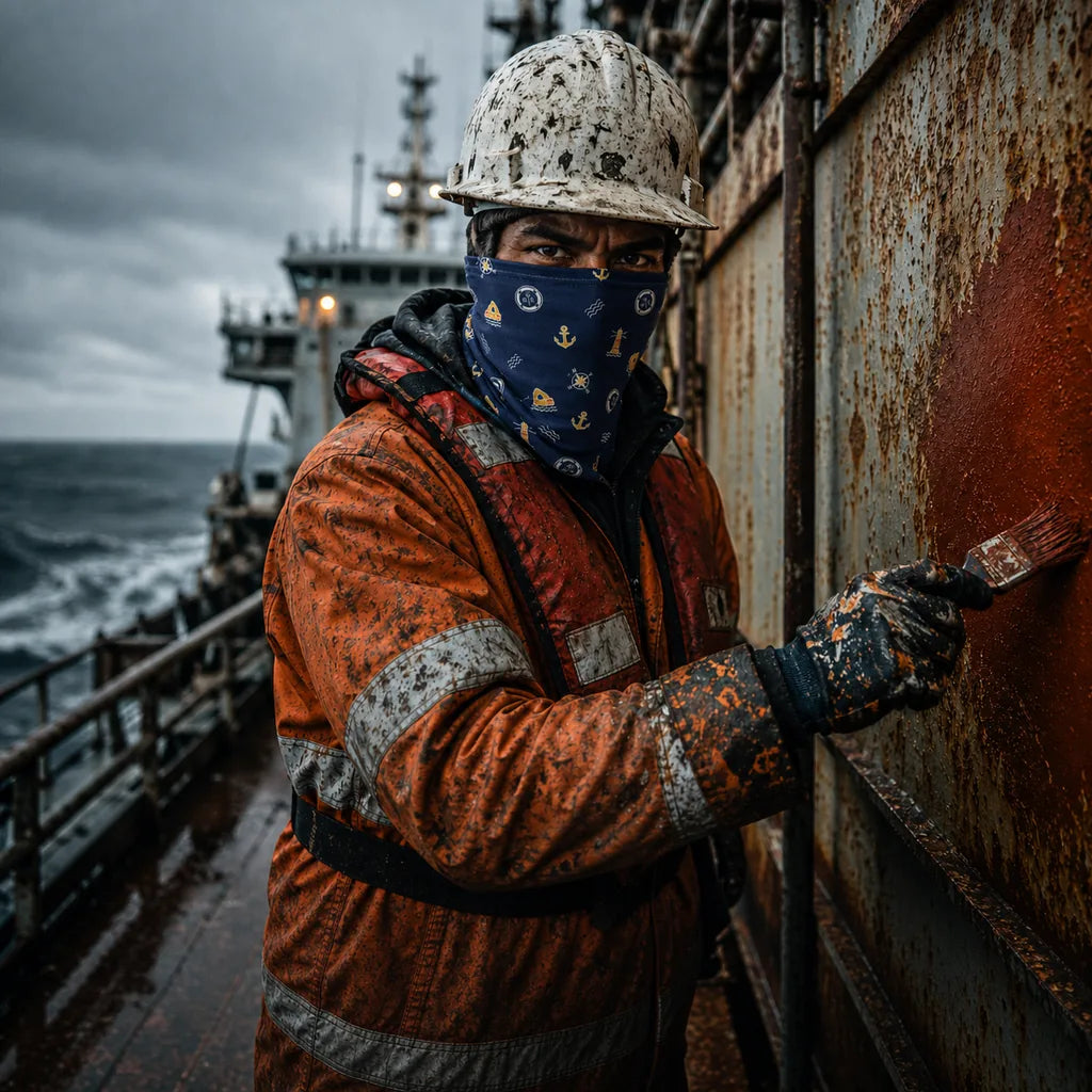 Navy bosun neck gaiter with yellow and orange maritime pattern worn by a crew member painting rusted ship steel in rough weather.