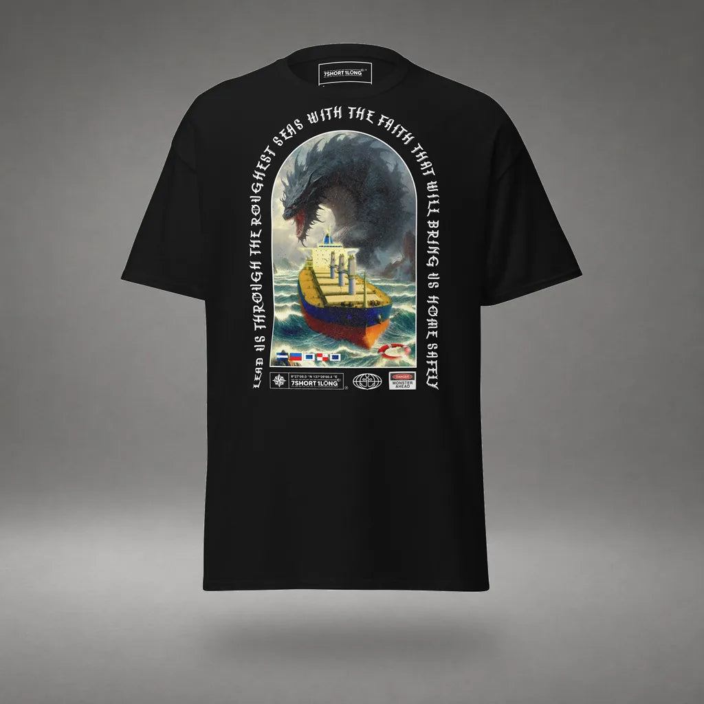Bulk Carrier T-Shirt Ocean Monster Attack in Black, front view, floating over a gray studio floor.