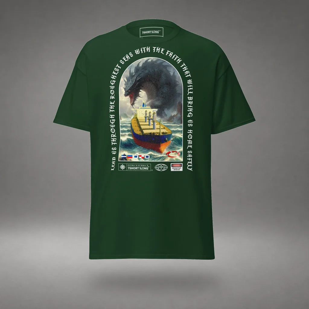 Bulk Carrier T-Shirt Ocean Monster Attack in Forest Green, front view, floating over a gray studio floor.