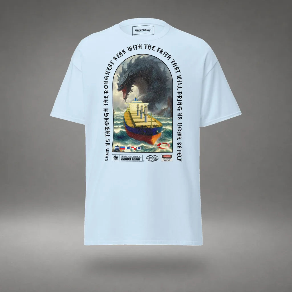 Bulk Carrier T-Shirt Ocean Monster Attack in Light Blue, front view, floating over a gray studio floor.