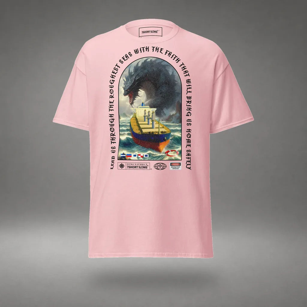 Bulk Carrier T-Shirt Ocean Monster Attack in Light Pink, front view, floating over a gray studio floor.