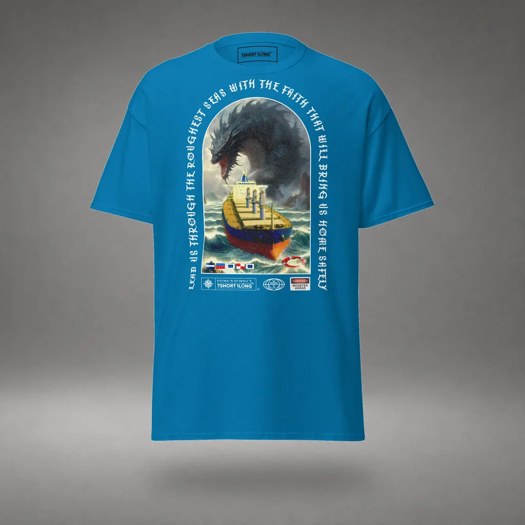 Bulk Carrier T-Shirt Ocean Monster Attack in Sapphire, front view, floating over a gray studio floor.