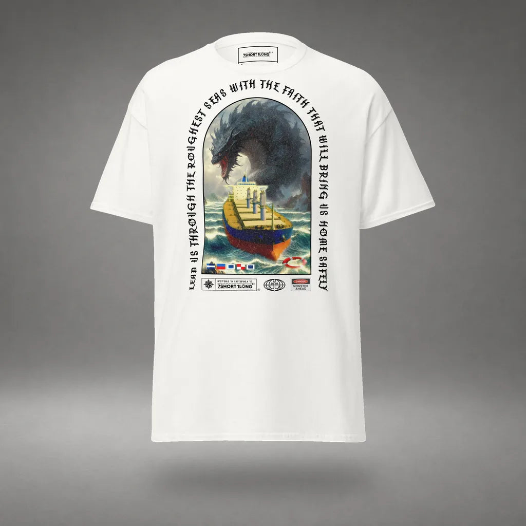 Bulk Carrier T-Shirt Ocean Monster Attack in White, front view, floating over a gray studio floor.