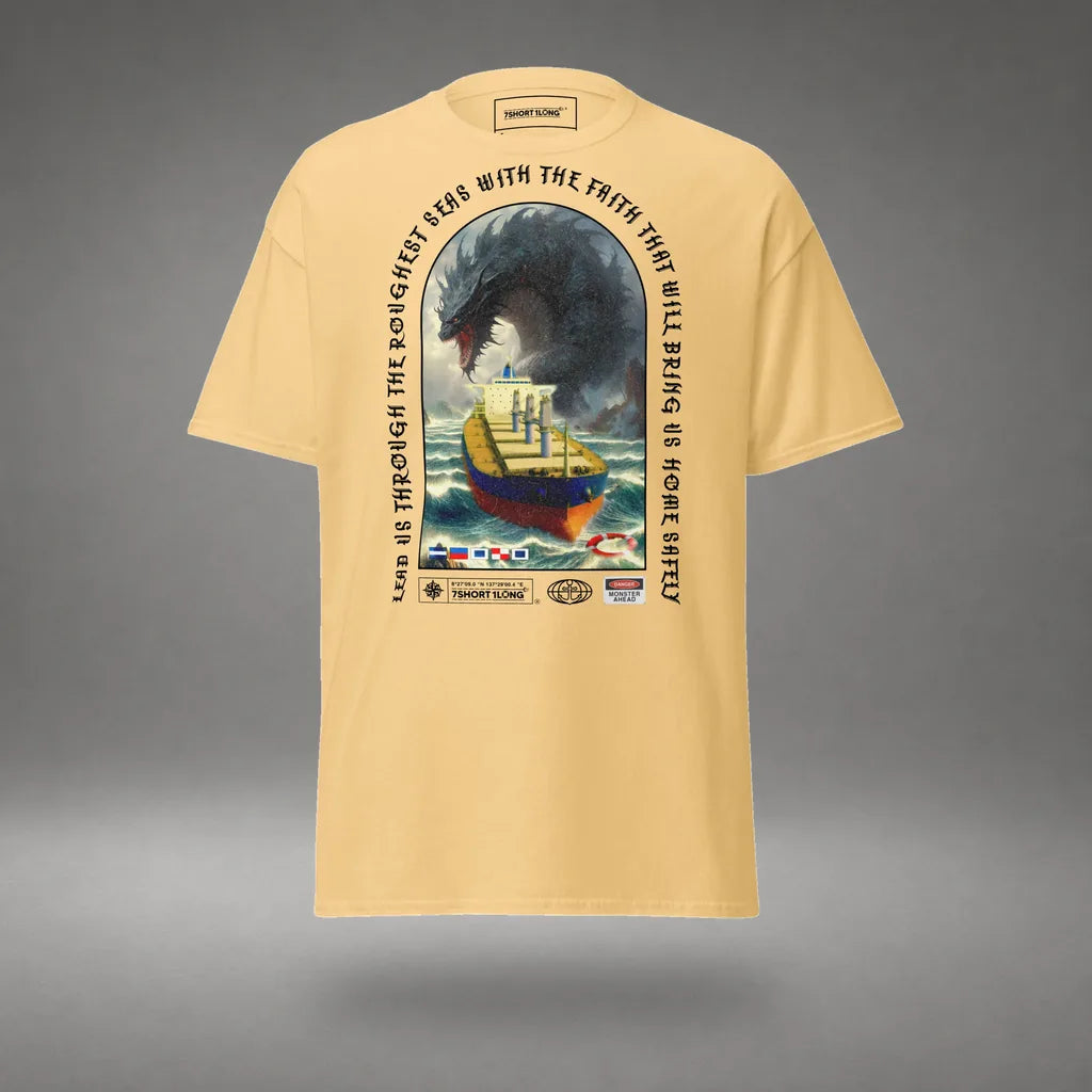 Bulk Carrier T-Shirt Ocean Monster Attack in Yellow Haze, front view, floating over a gray studio floor.