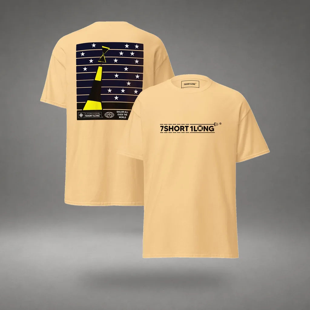 Cardinal Sign Nautical T-Shirt Deck Crew Navigation in Yellow Haze, front and back view, floating over a gray studio floor.