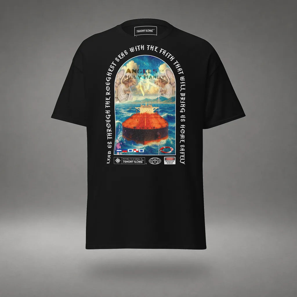 Christian Angel Protection Tanker T-Shirt in Black, front view, floating over a gray studio floor.