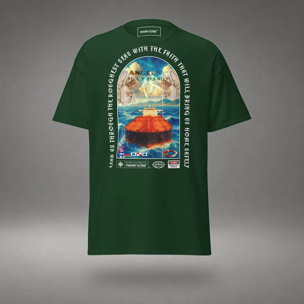 Christian Angel Protection Tanker T-Shirt in Forest Green, front view, floating over a gray studio floor.