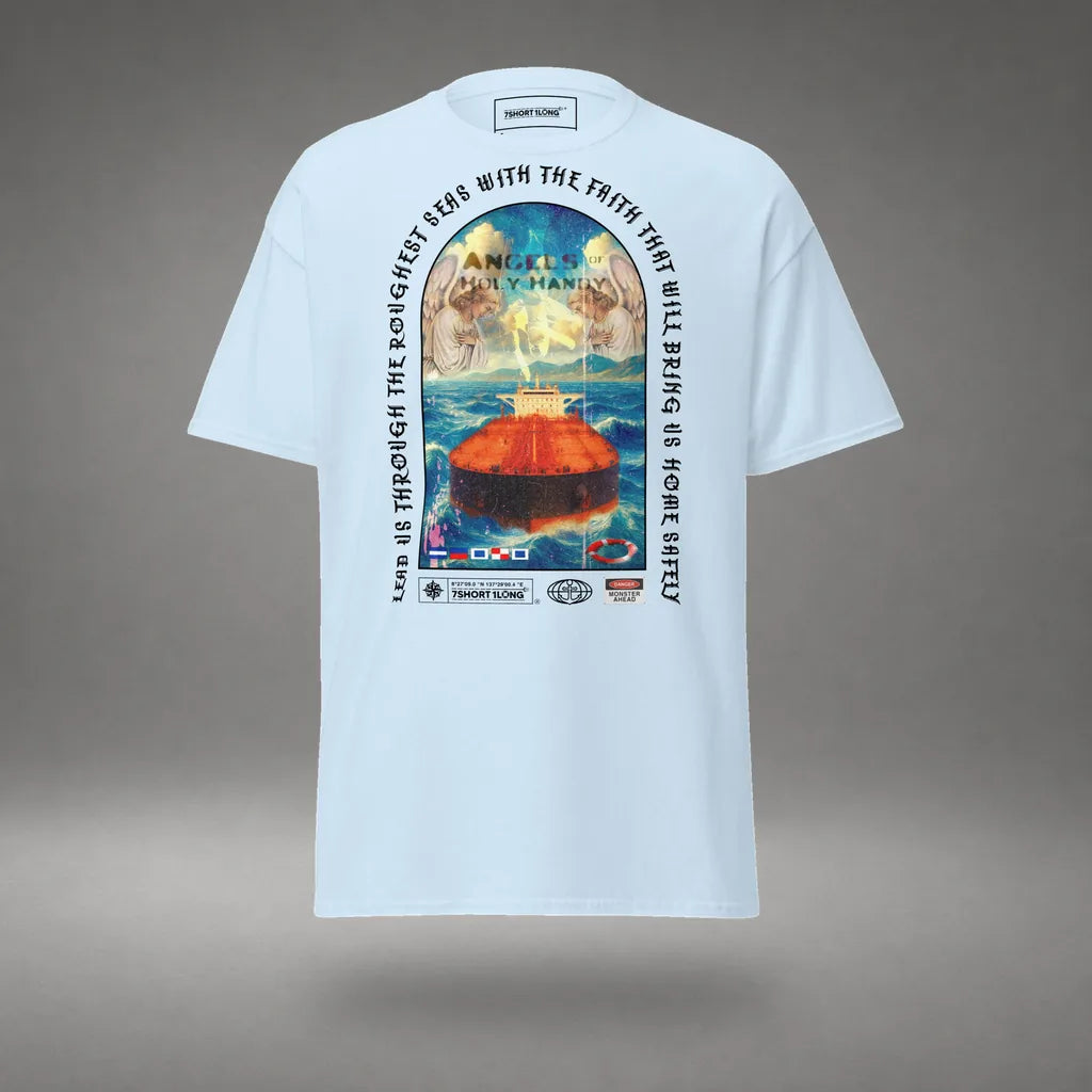 Christian Angel Protection Tanker T-Shirt in Light Blue, front view, floating over a gray studio floor.