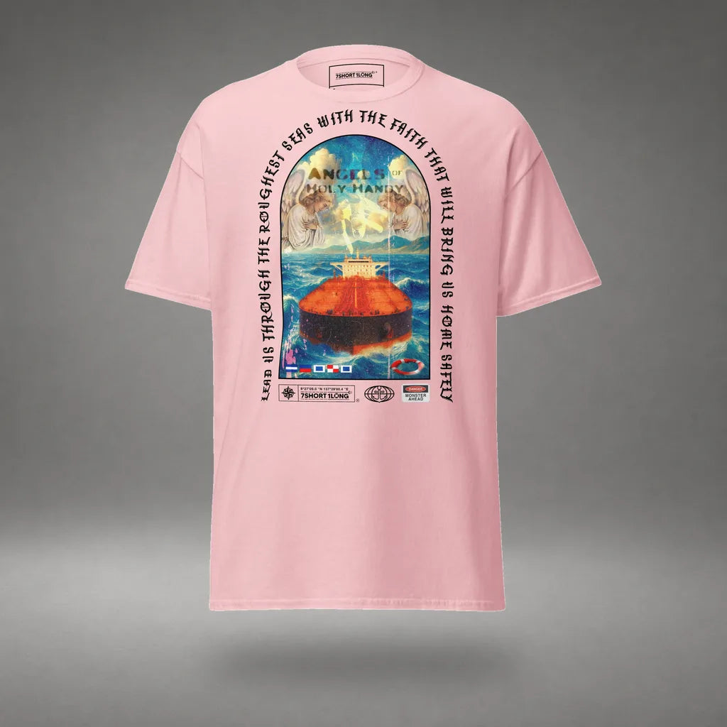 Christian Angel Protection Tanker T-Shirt in Light Pink, front view, floating over a gray studio floor.