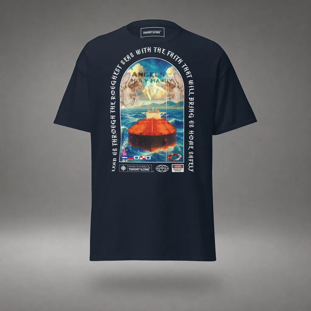Christian Angel Protection Tanker T-Shirt in Navy, front view, floating over a gray studio floor.