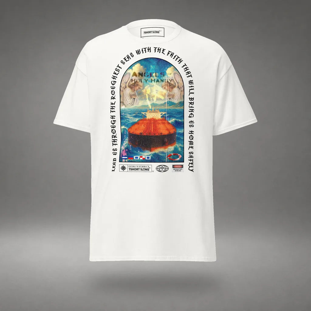 Christian Angel Protection Tanker T-Shirt in White, front view, floating over a gray studio floor.