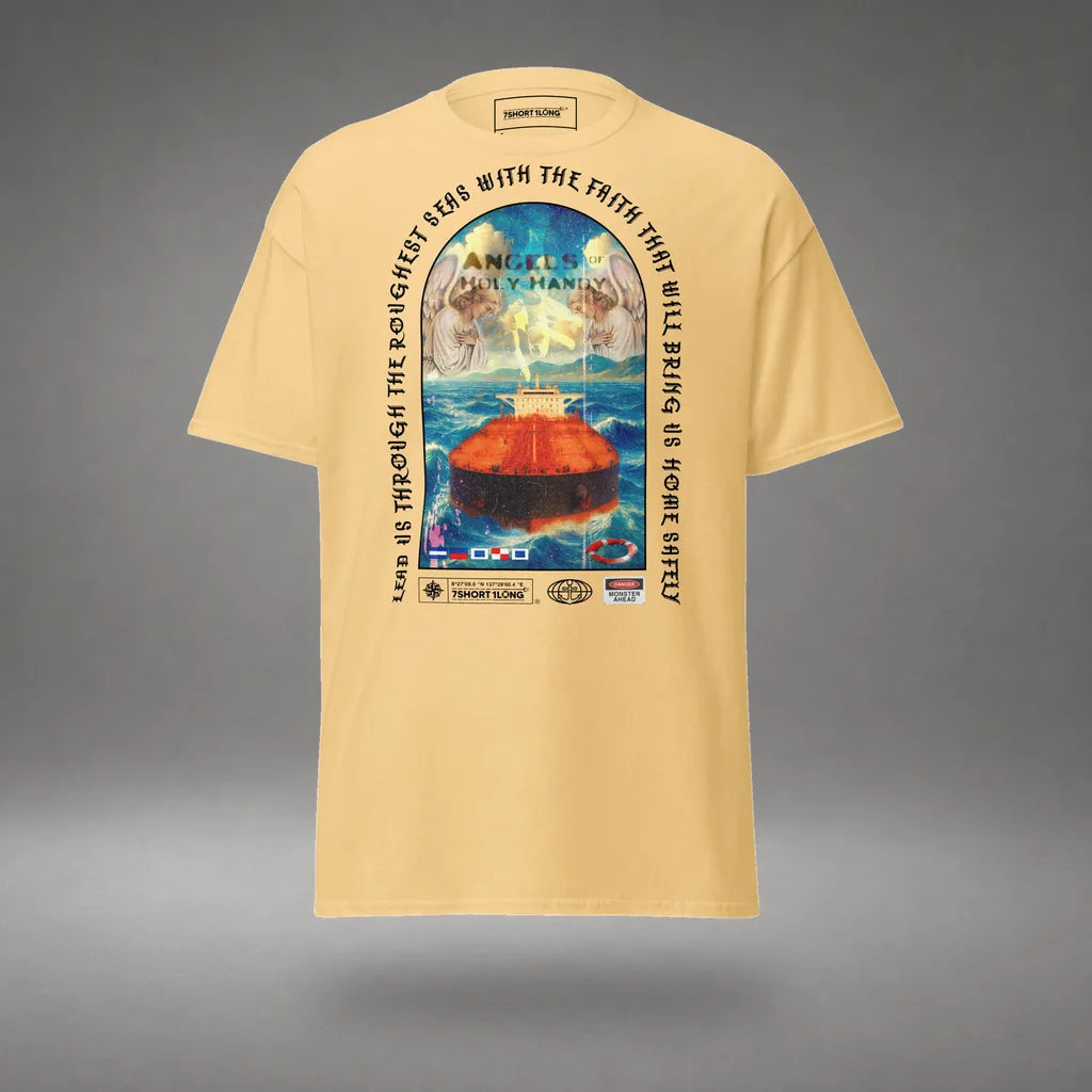 Christian Angel Protection Tanker T-Shirt in Yellow Haze, front view, floating over a gray studio floor.
