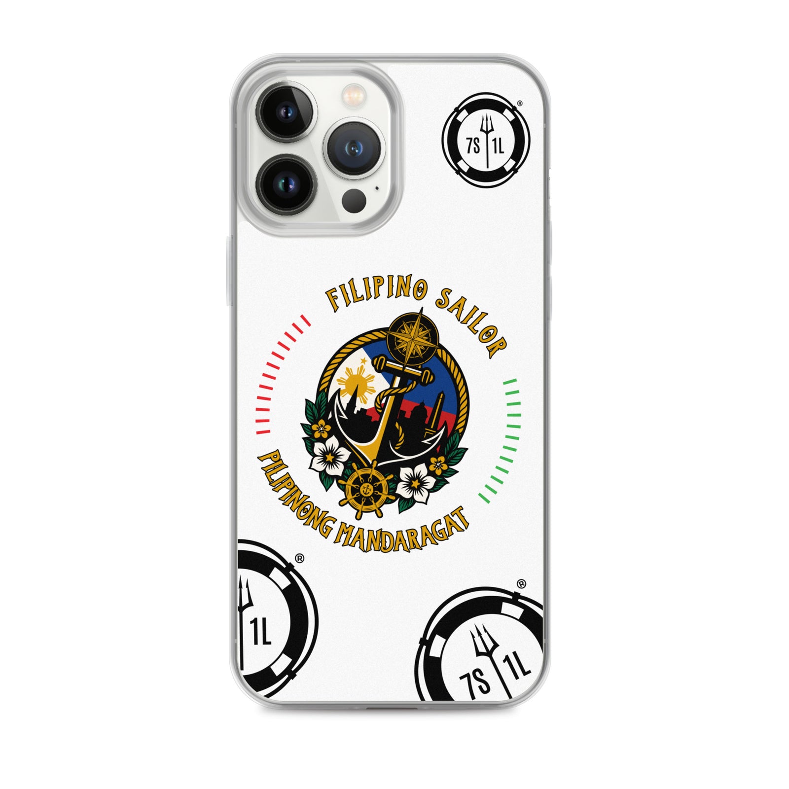 Clear Filipino Sailor iPhone 13 Pro Max case with seafarer anchor design by 7SHORT1LONG®.