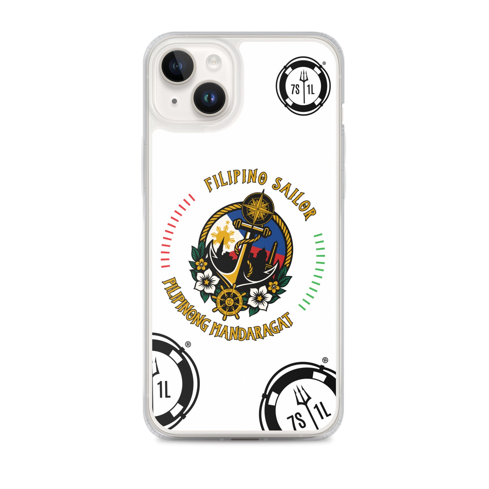 Clear Filipino Sailor iPhone 14 Plus case with seafarer anchor design by 7SHORT1LONG®.