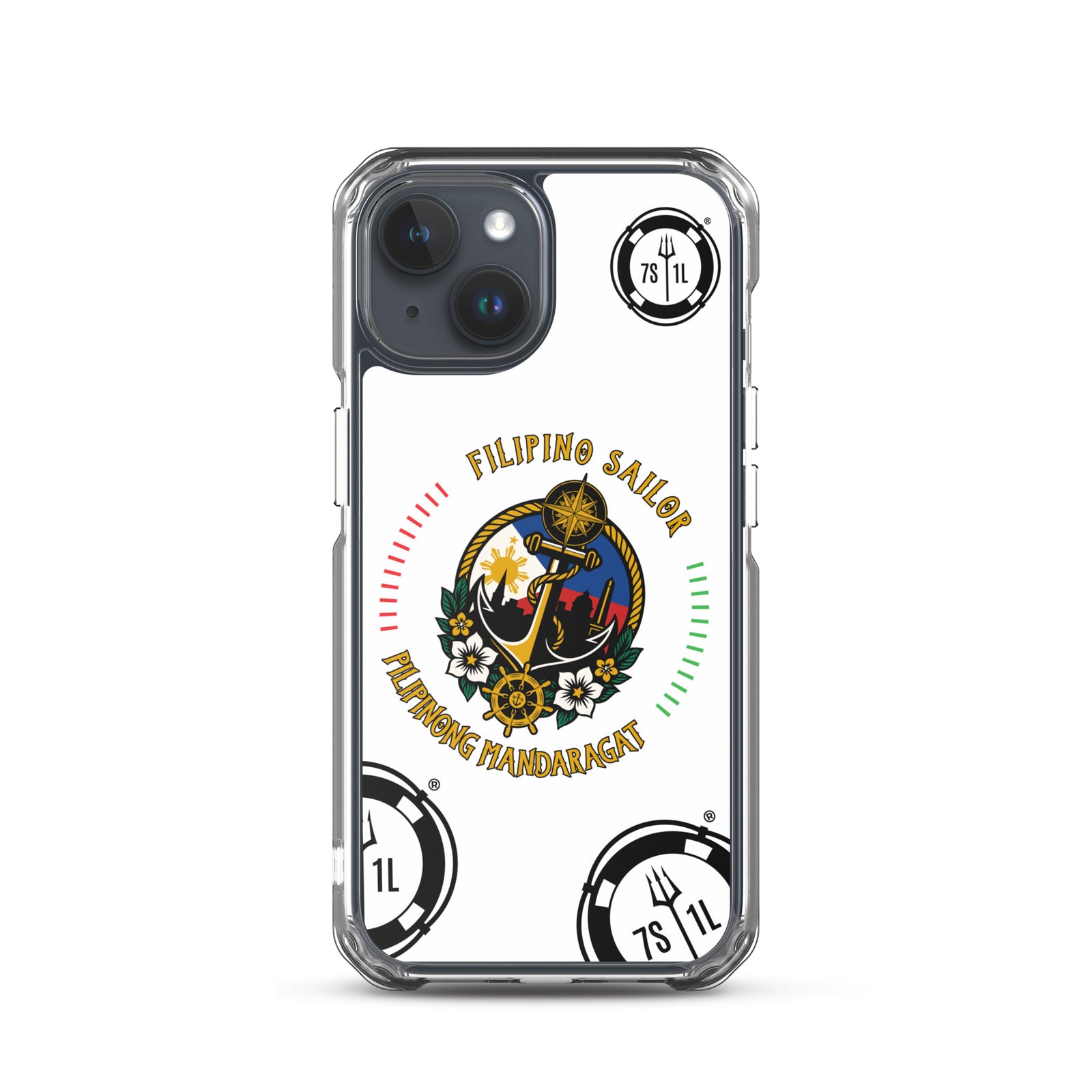Clear iPhone 15 case by 7SHORT1LONG® featuring a Filipino sailor anchor design for a nautical look.