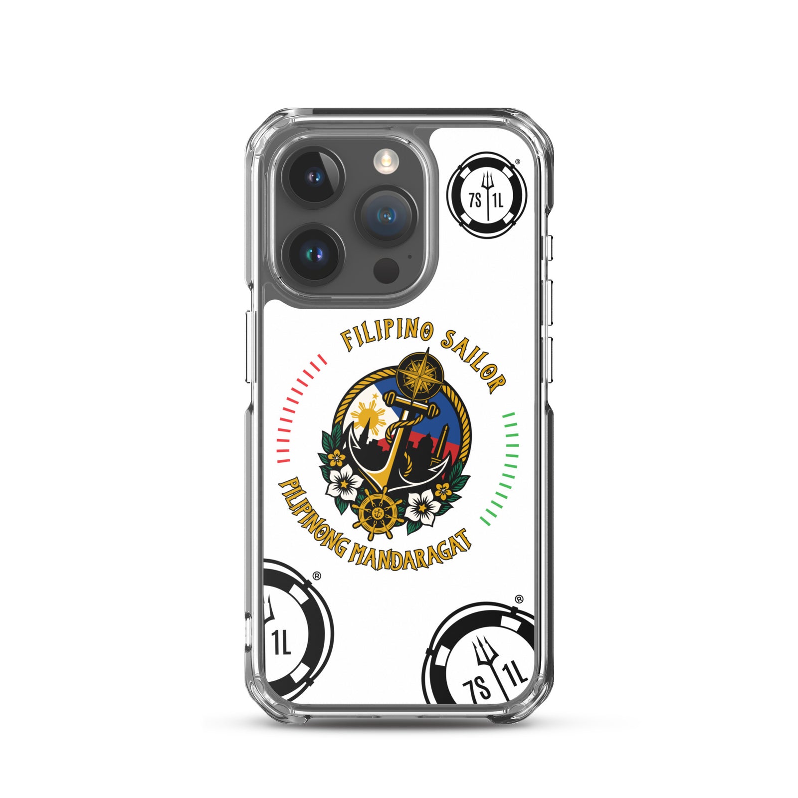 Clear iPhone 15 Pro case with Filipino sailor seafarer anchor design by 7SHORT1LONG® on a phone.