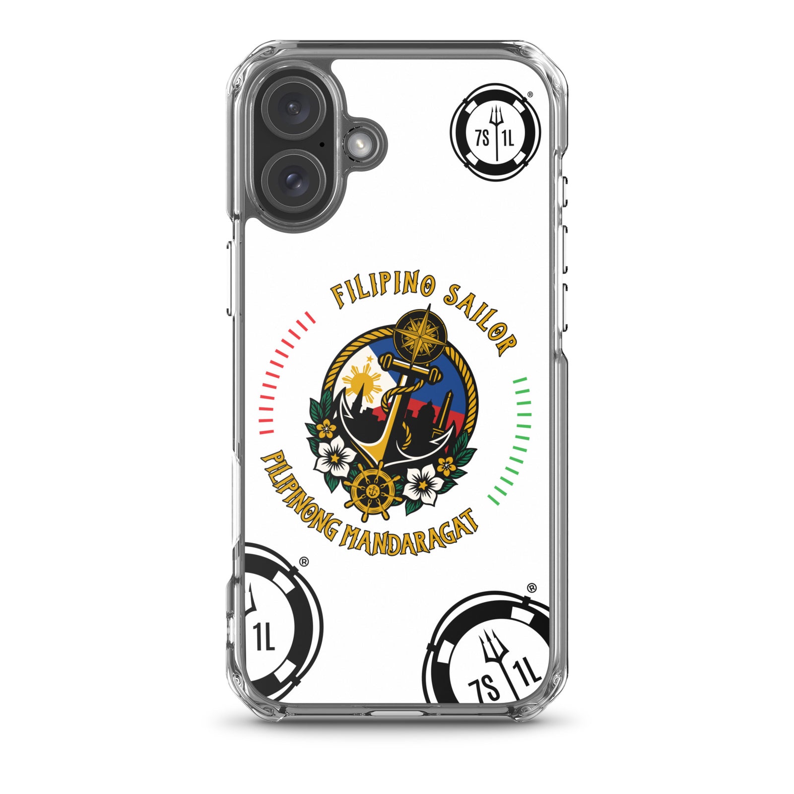 Clear Filipino Sailor iPhone 16 Plus case with seafarer anchor design by 7SHORT1LONG® on a phone.