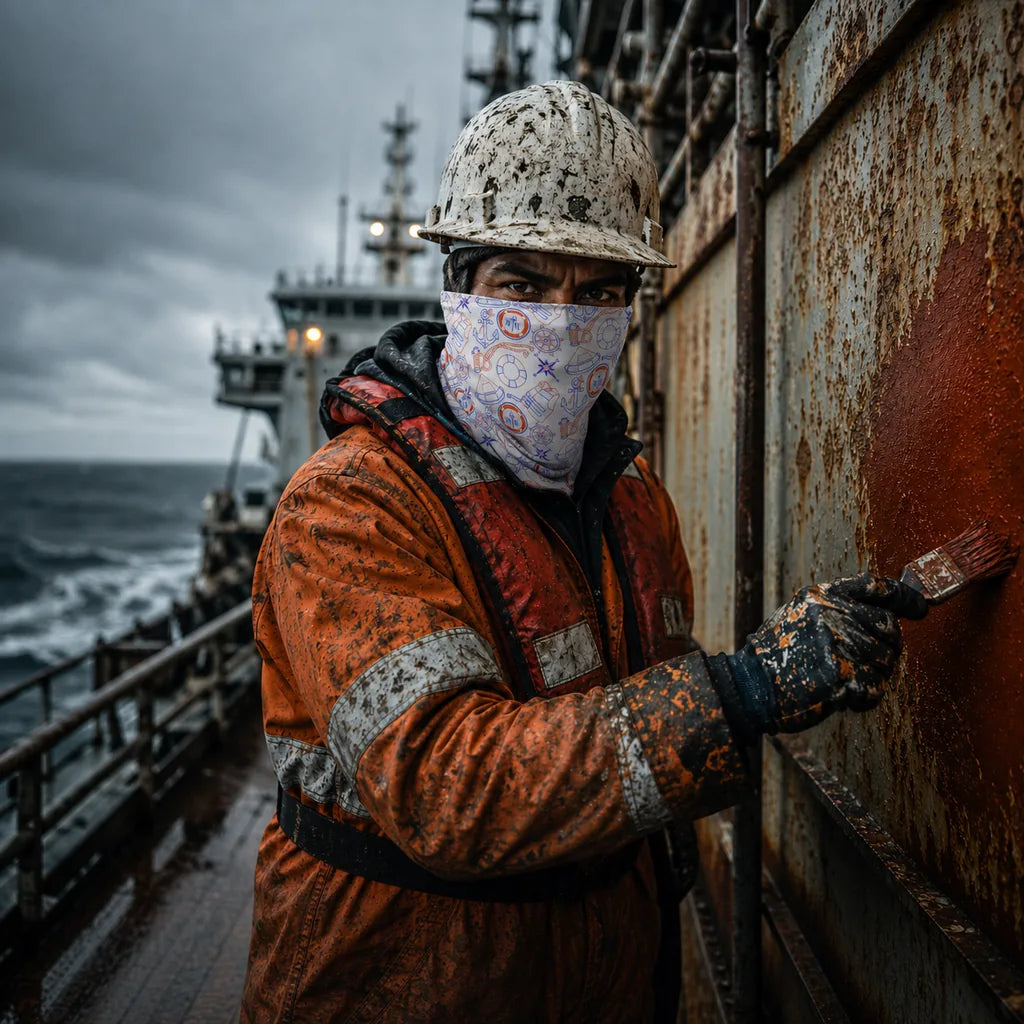 Off-white Coast Guard neck gaiter with orange and blue maritime line art worn by a crew member painting rusted ship steel in rough weather.