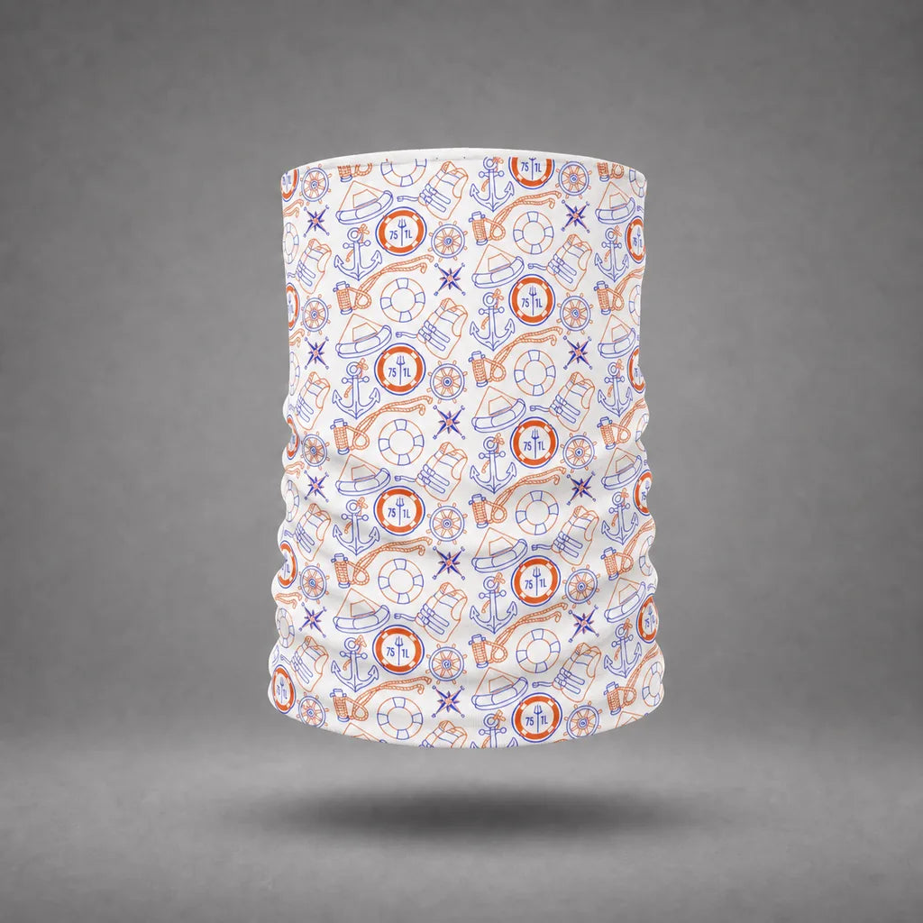 White US Coast Guard neck gaiter with orange and blue maritime line pattern, floating above a grey studio floor with a soft shadow.