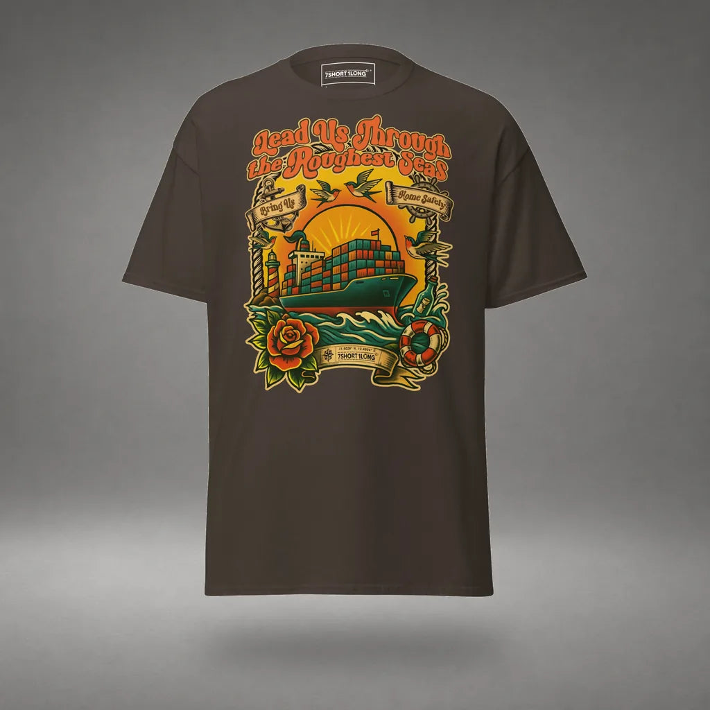 Container Ship Seafarer Tattoo T-Shirt in Dark Chocolate, front view, floating over a gray studio floor.