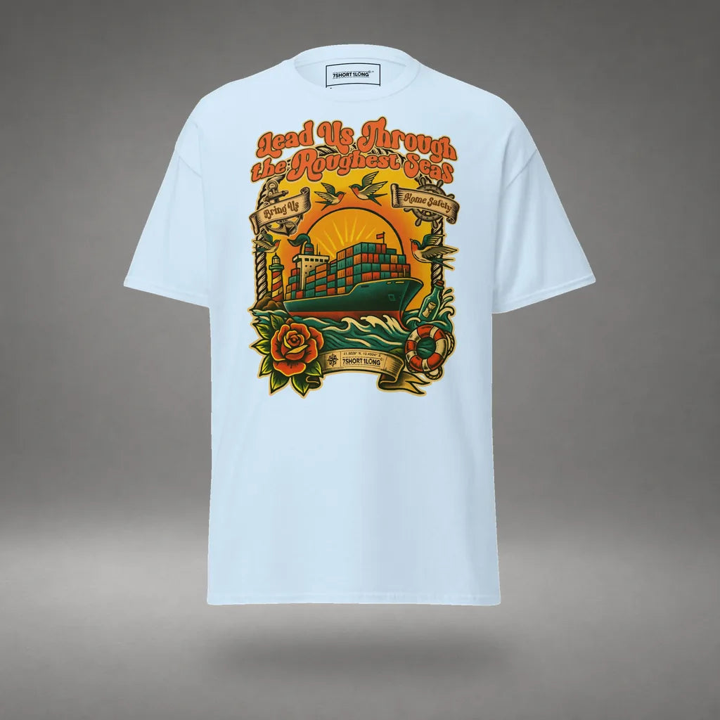 Container Ship Seafarer Tattoo T-Shirt in Light Blue, front view, floating over a gray studio floor.