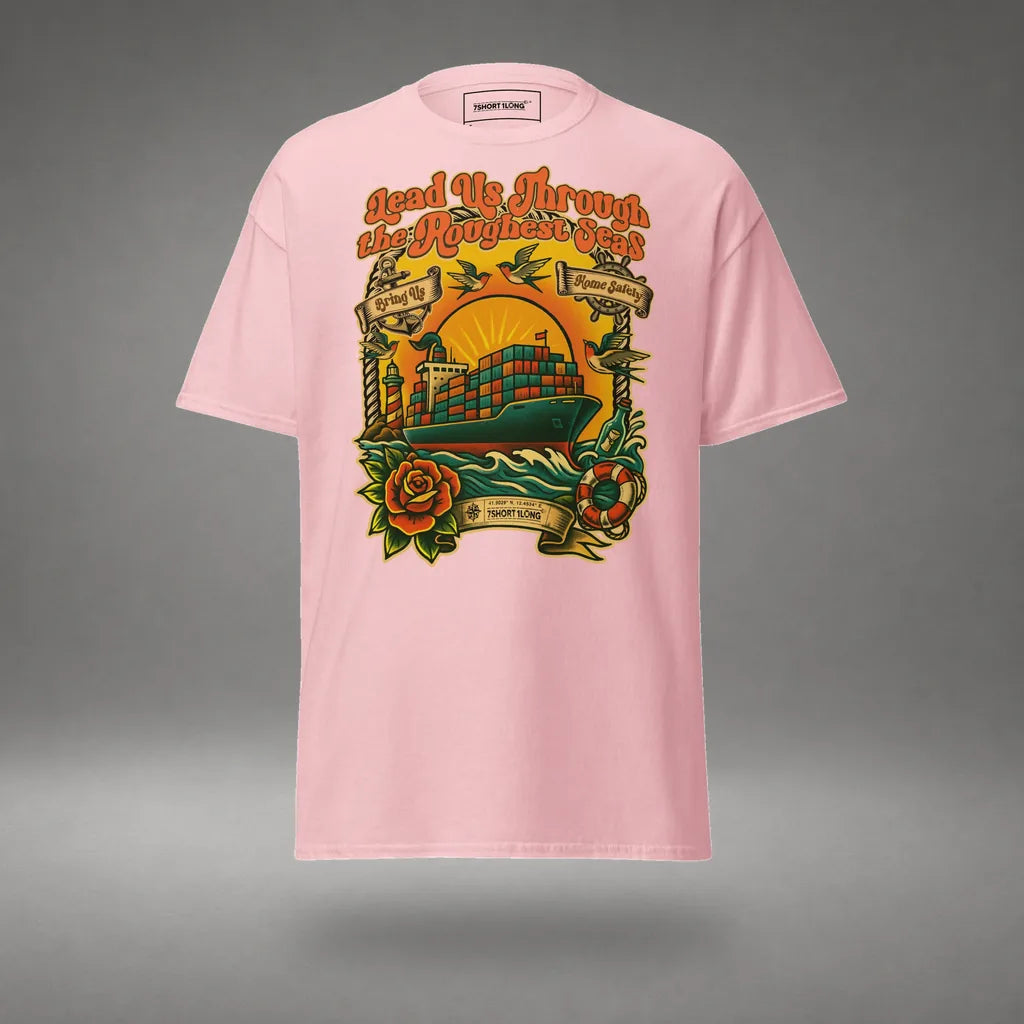Container Ship Seafarer Tattoo T-Shirt in Light Pink, front view, floating over a gray studio floor.