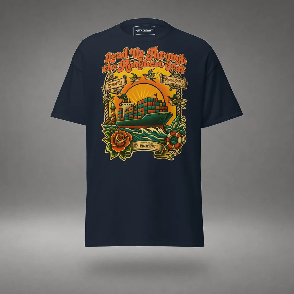 Container Ship Seafarer Tattoo T-Shirt in Navy, front view, floating over a gray studio floor.