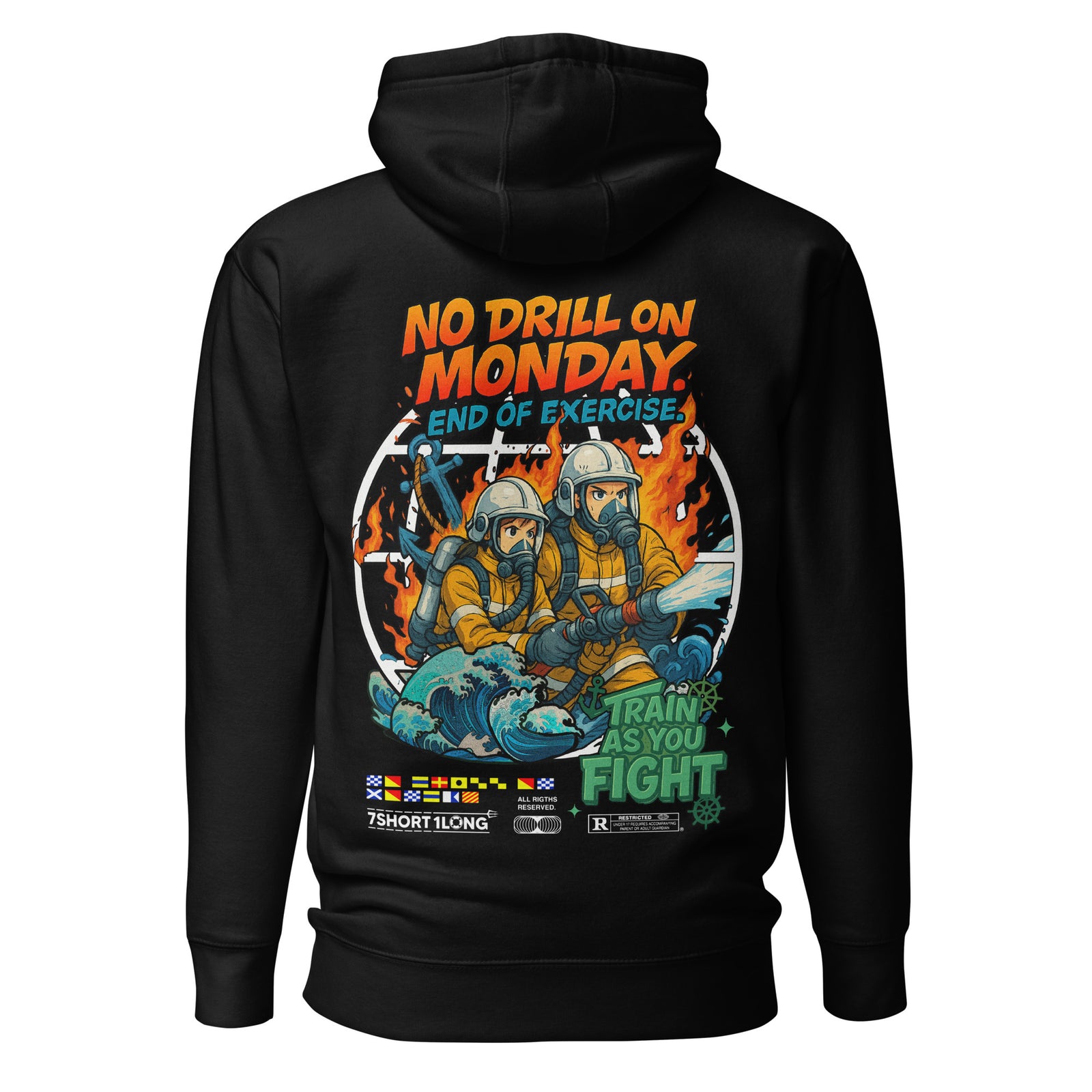 Unisex black Seafarer Fire Drill hoodie by 7SHORT1LONG® with front pocket and back graphic, made from soft cotton heritage fabric.