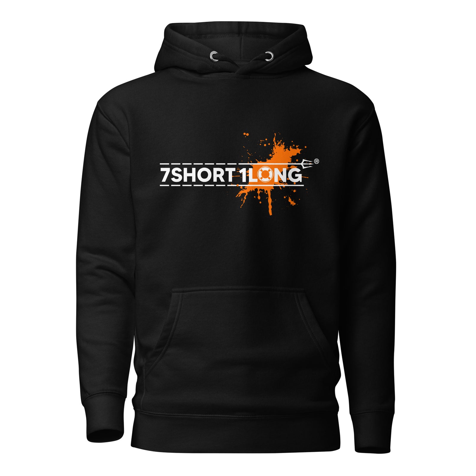 Unisex black Safety at Sea Splash Graphic Hoodie by 7SHORT1LONG® with colorful sea splash design on front, cotton heritage fabric.