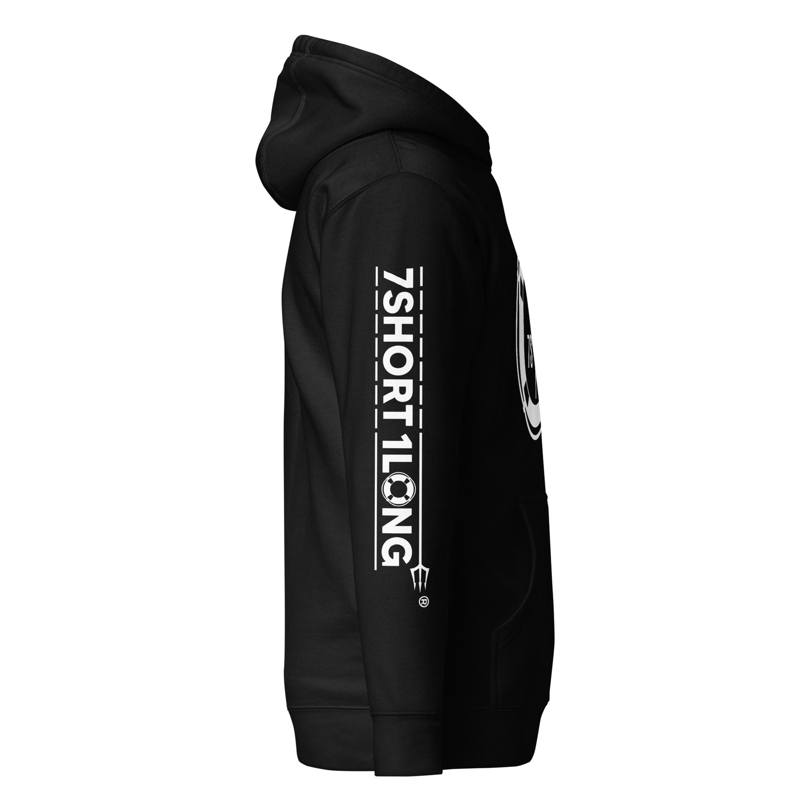 Black 7SHORT1LONG® Crew Hoodie with "Sign On Sign Off" logo, cotton heritage fabric, unisex premium pullover style.
