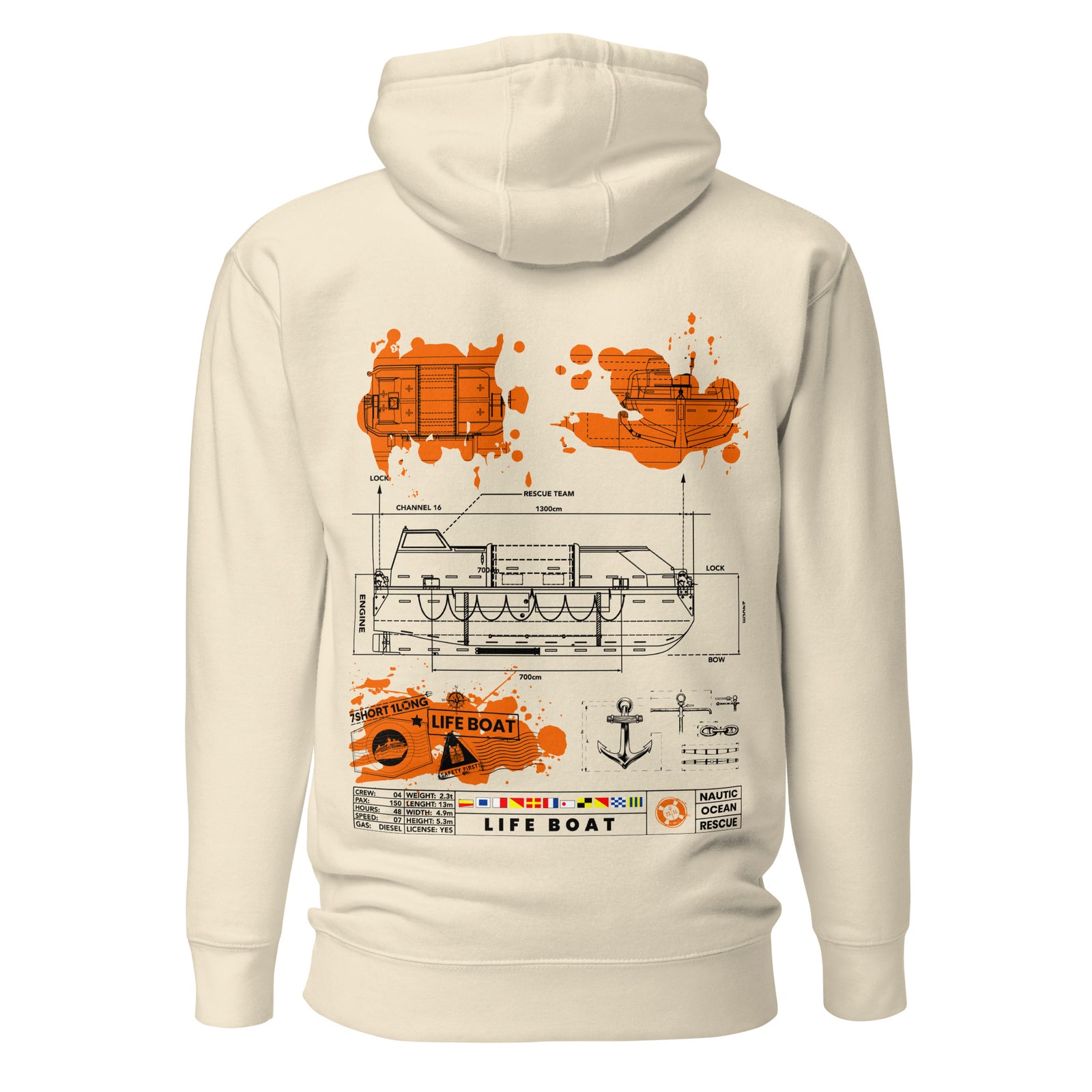 Unisex Lifeboat Safety Hoodie by 7SHORT1LONG® in cotton heritage fabric, bone color, featuring a comfortable pullover design.