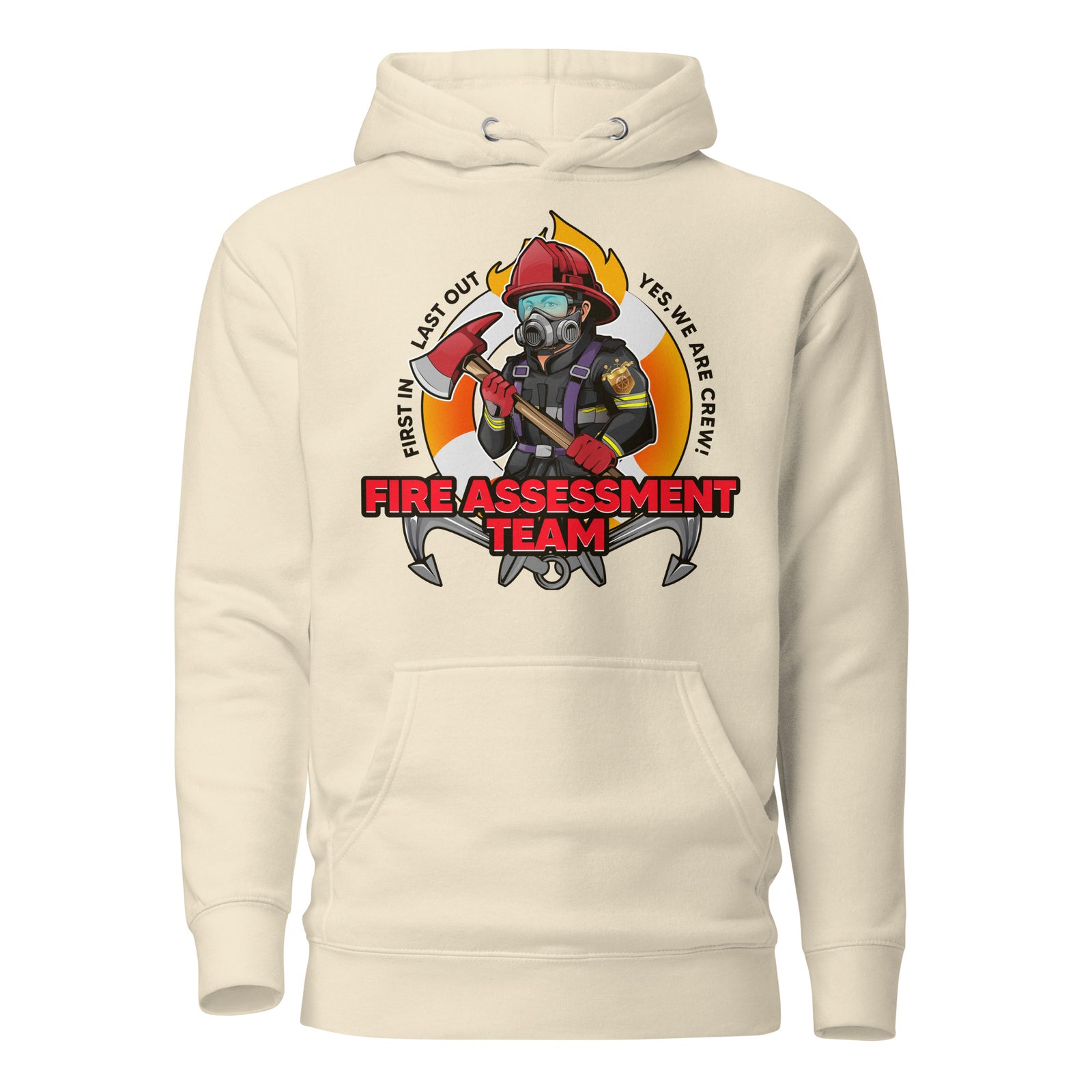 Unisex firefighting crew hoodie by 7SHORT1LONG® in bone color, made of cotton heritage fabric with front design.