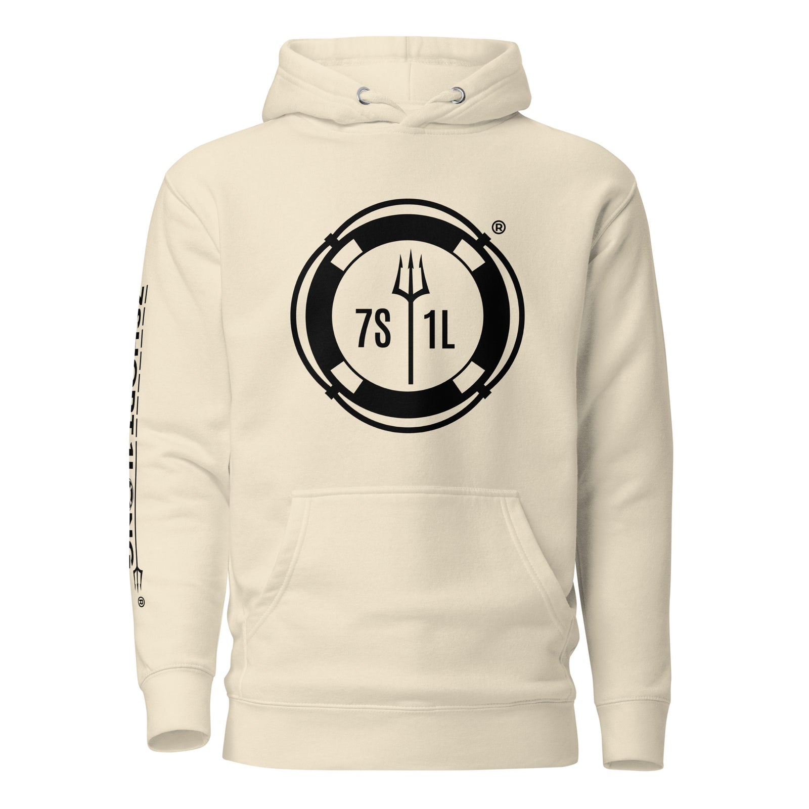 Unisex bone-colored hoodie from 7SHORT1LONG® with "Sign On Sign Off Crew" print, made of premium cotton heritage fabric.