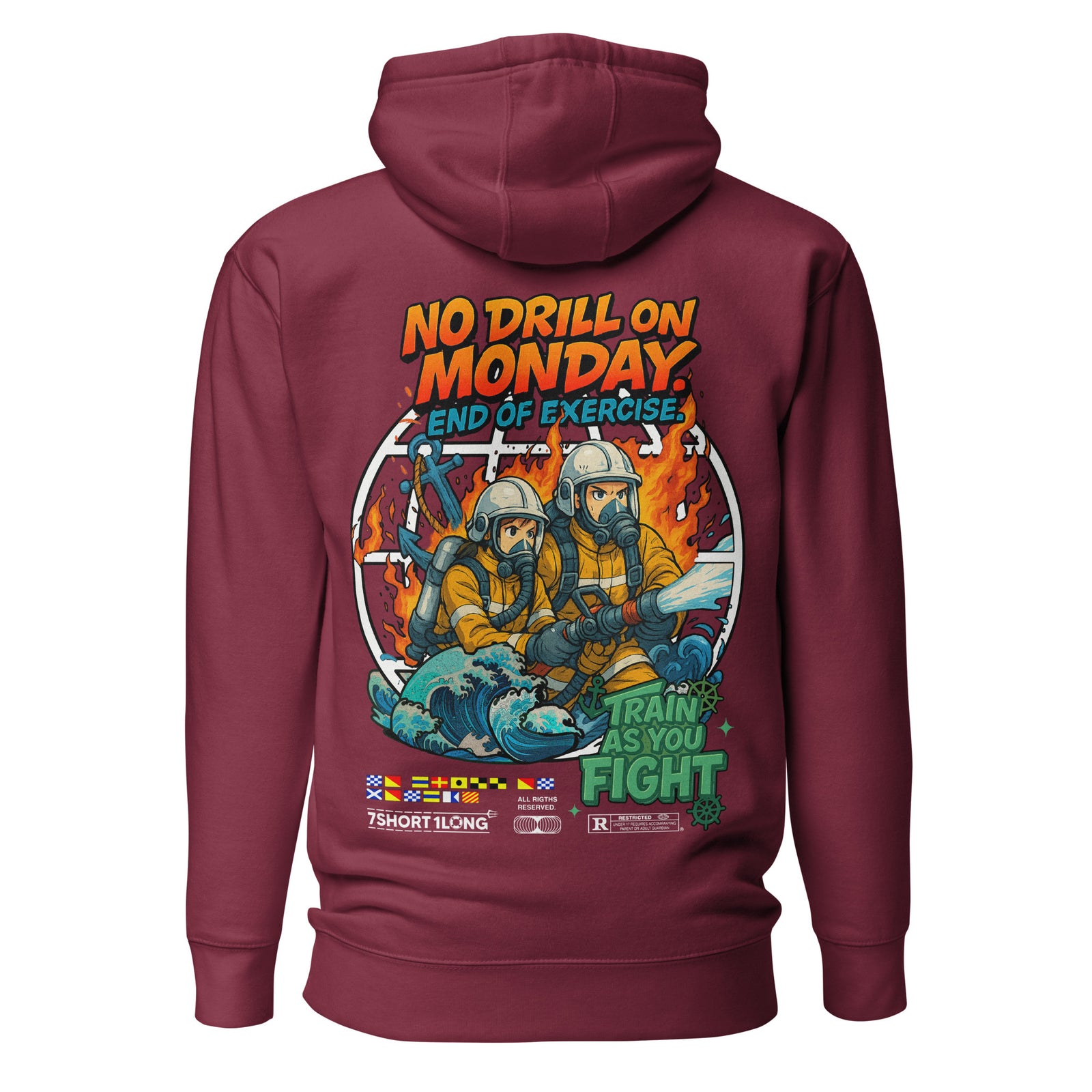 Maroon Seafarer Fire Drill hoodie by 7SHORT1LONG® featuring a cotton heritage unisex pullover with a back design.