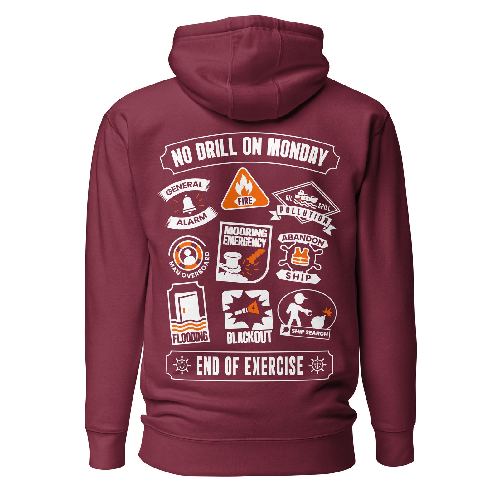 Maritime Safety Drill Hoodie in maroon, back view