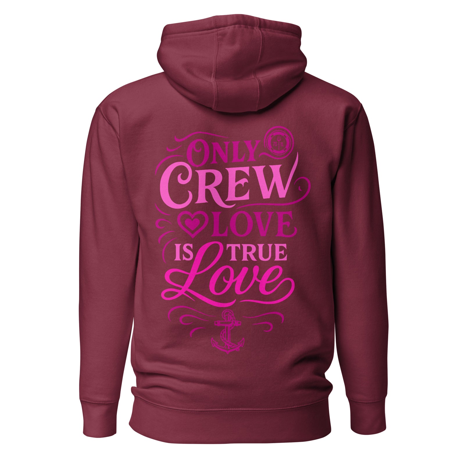 Maroon Calligraphy Crew Love Hoodie by 7SHORT1LONG® with crew neckline, unisex fit, made from cotton heritage fabric, back view