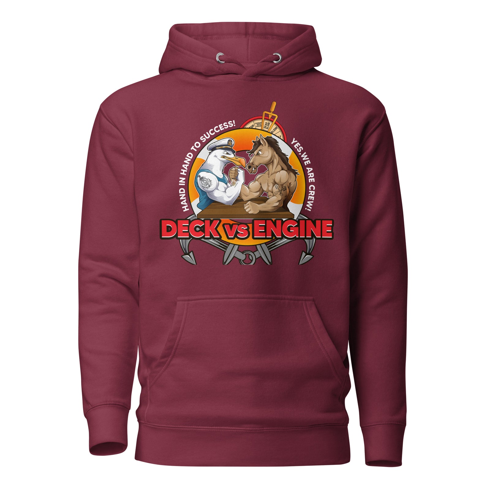 Deck vs Engine Department Hoodie in maroon, front view