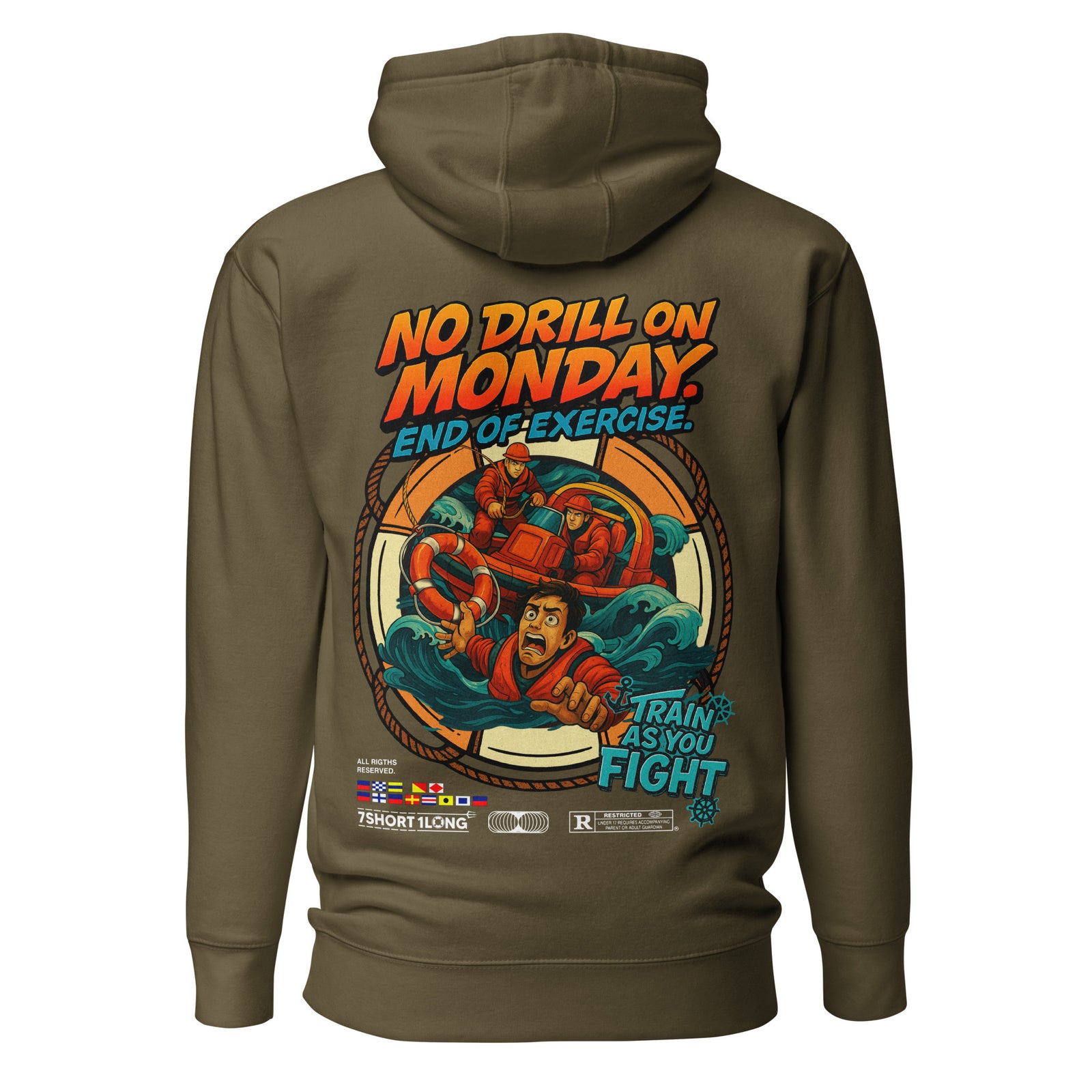 Unisex Man Overboard hoodie by 7SHORT1LONG® in military green, featuring a comfortable cotton heritage pullover design.