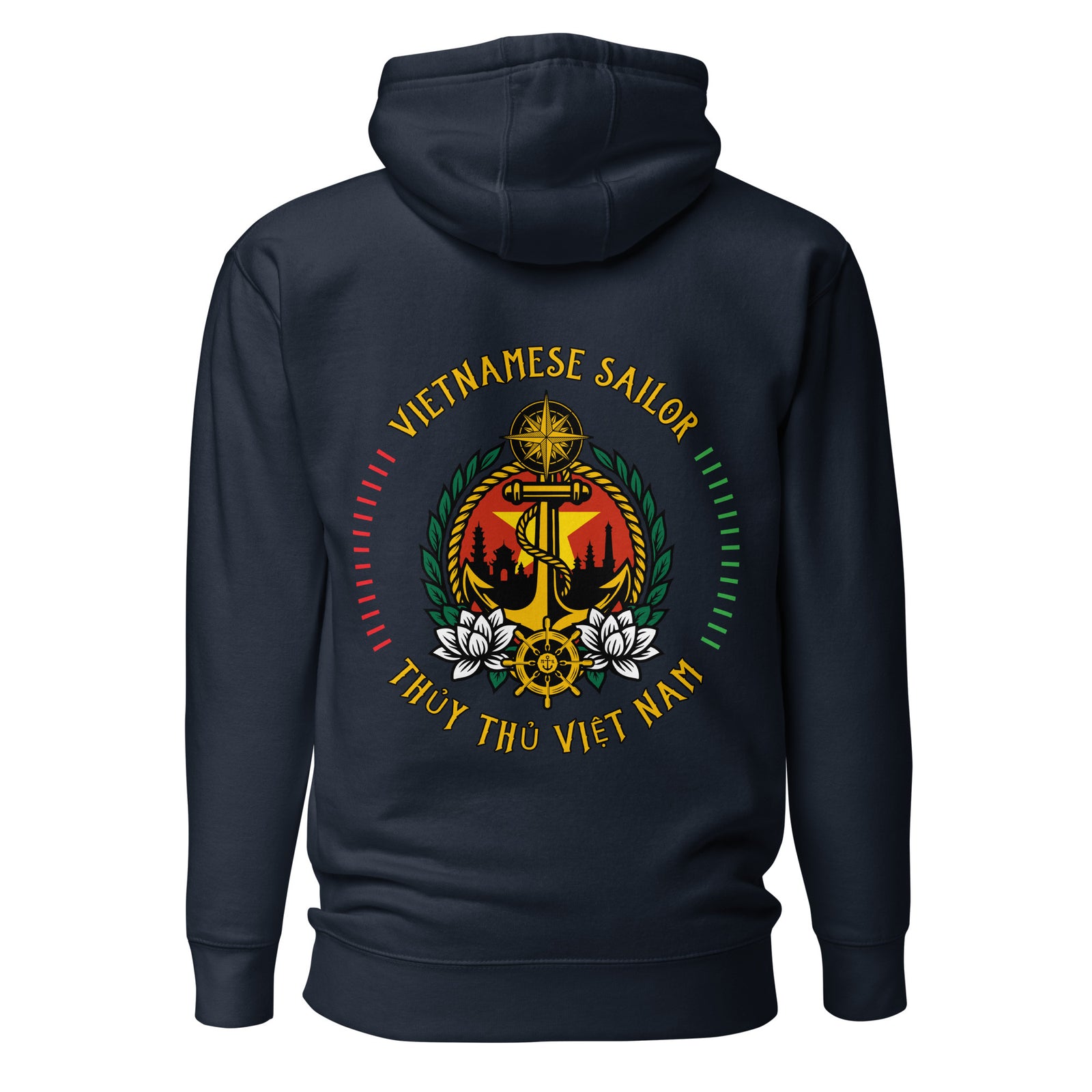 Vietnamese Sailor Hoodie in navy blazer, back view