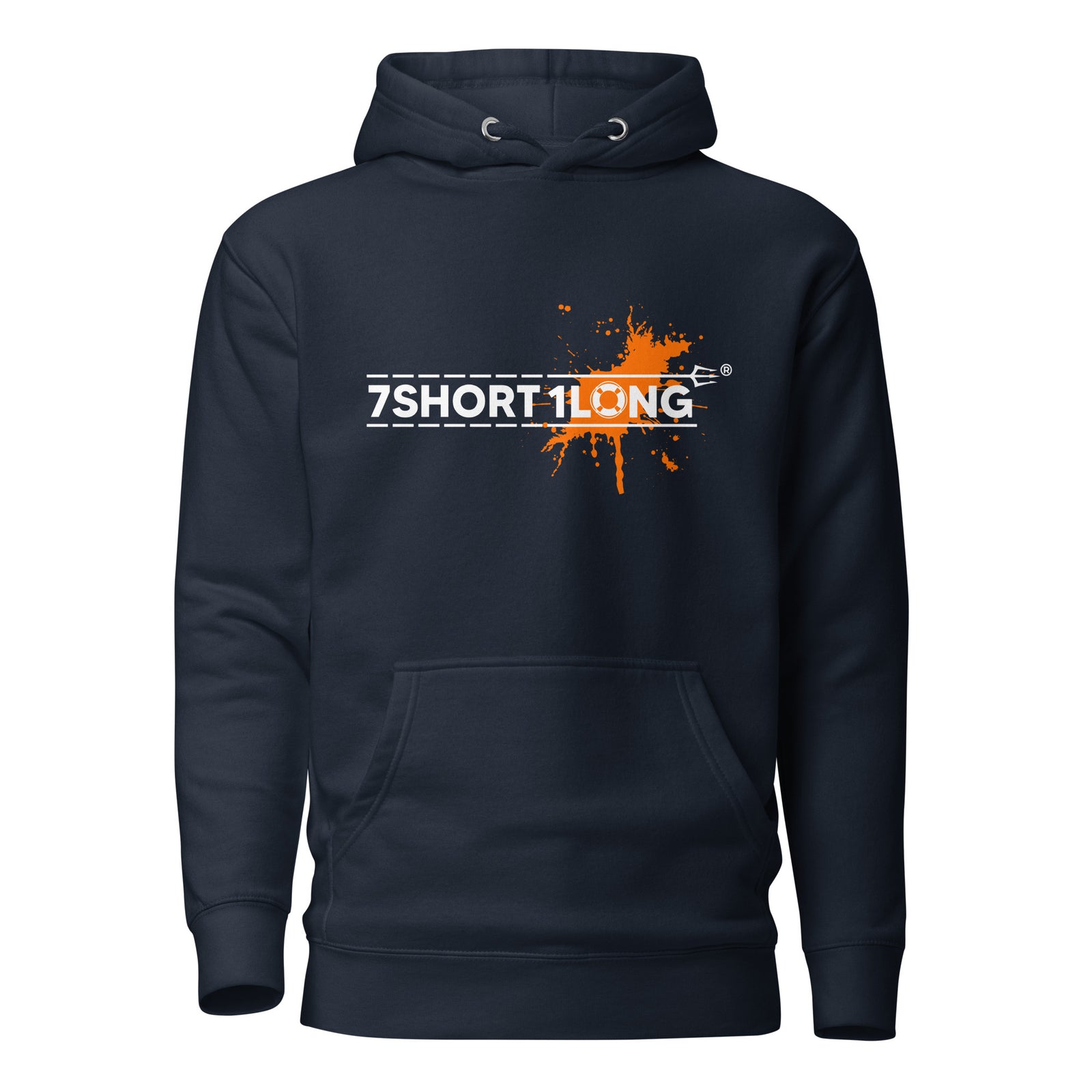 7SHORT1LONG® Safety at Sea Splash Graphic Hoodie, navy blue unisex cotton pullover with sea-themed splash design.