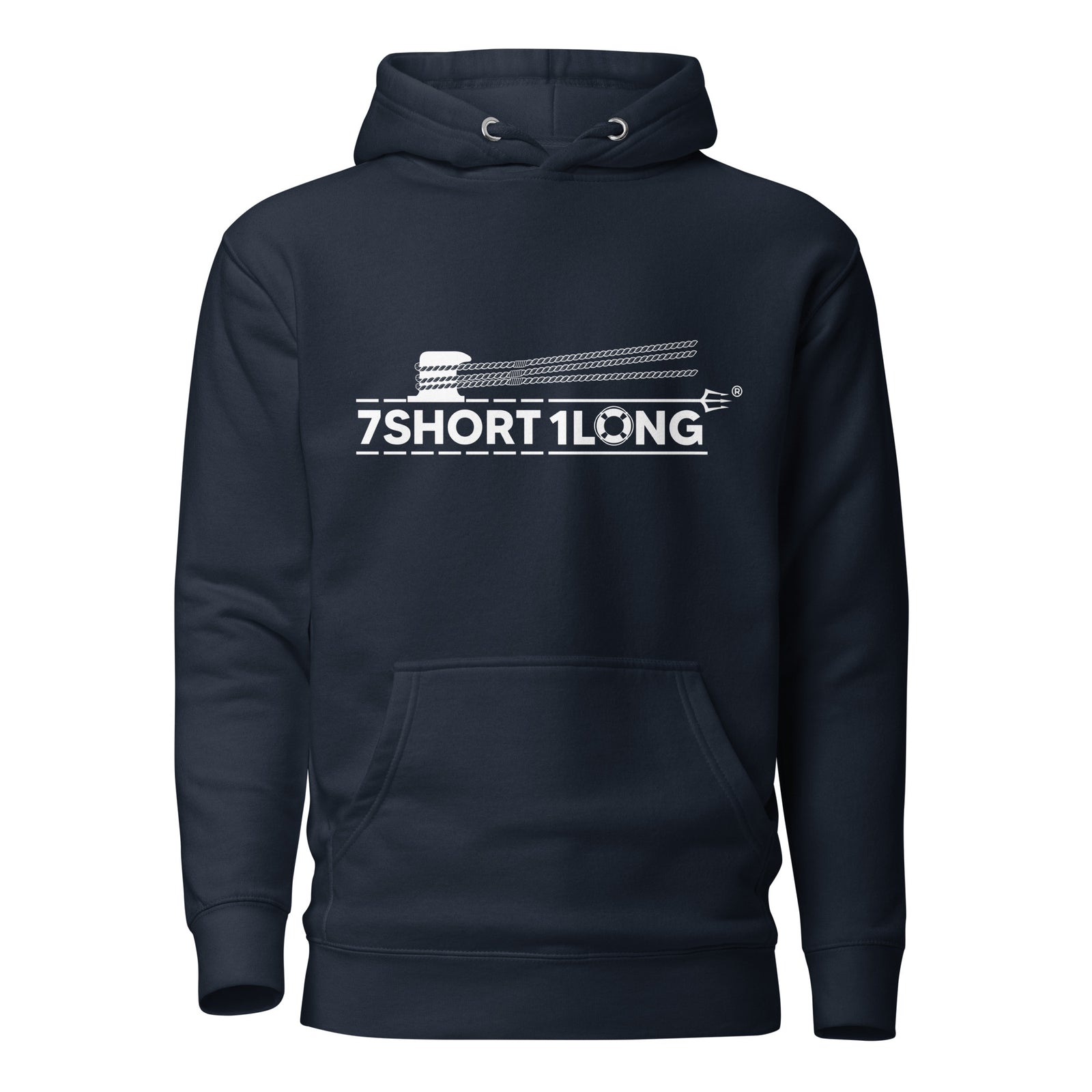 Unisex navy blazer maritime hoodie by 7SHORT1LONG®, made of cotton heritage fabric with front design.