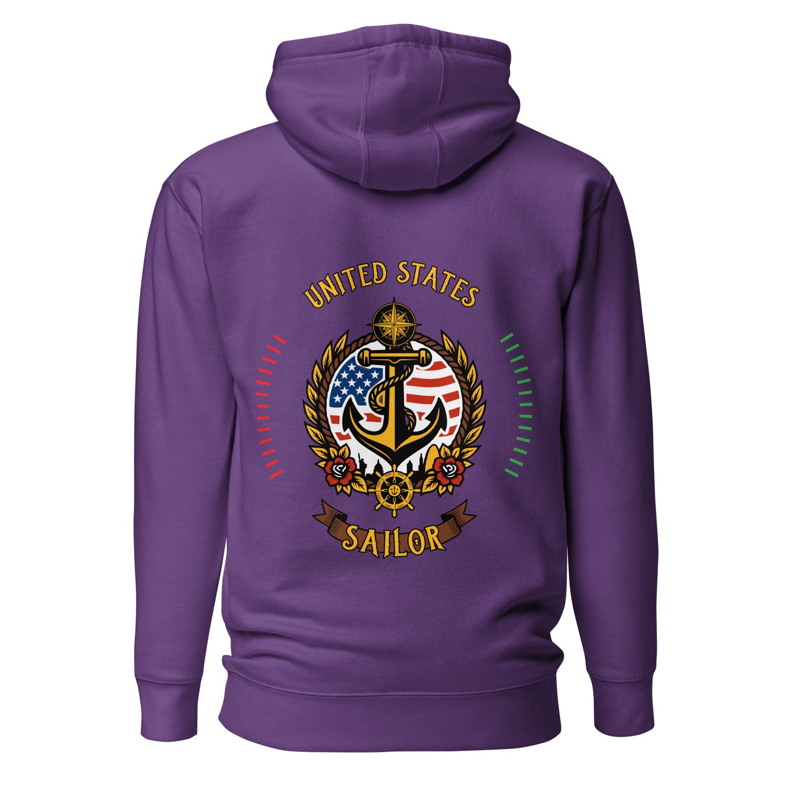 Unisex purple cotton hoodie by 7SHORT1LONG® with a back design, featuring a comfortable pullover style and casual fit.