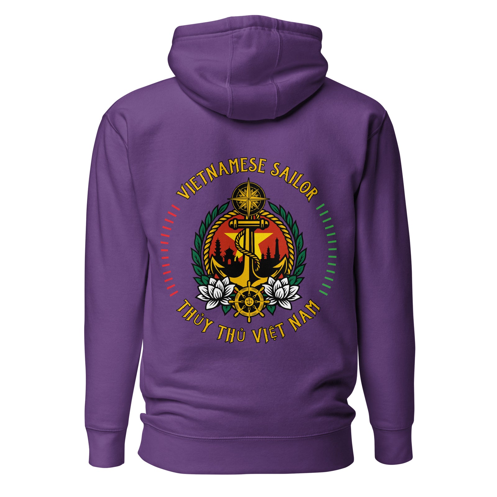 Unisex purple Vietnamese Sailor Hoodie by 7SHORT1LONG® with cotton heritage fabric, back view showing hoodie details.