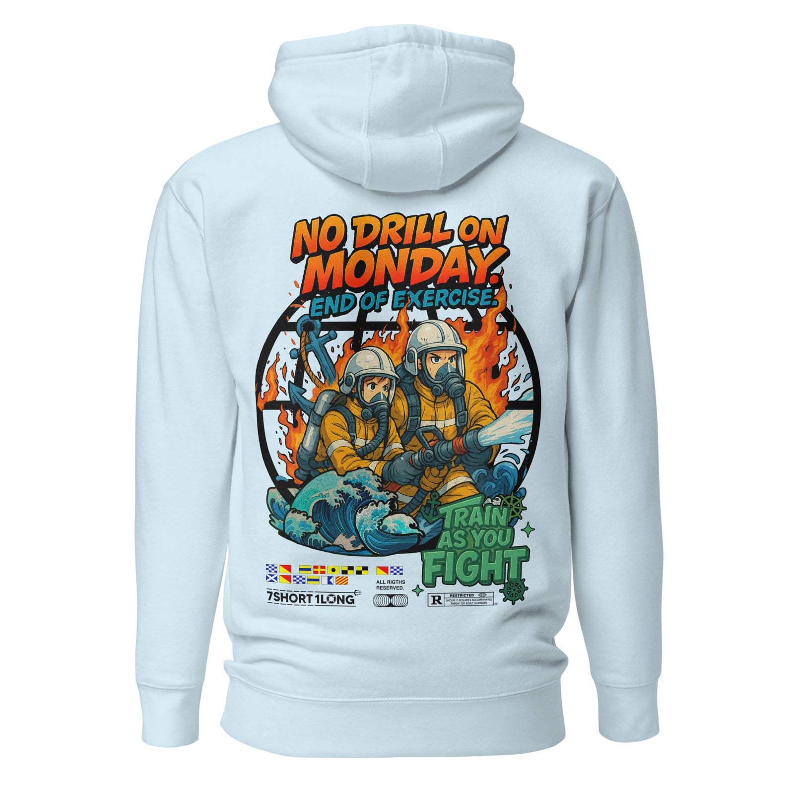 Unisex sky blue Seafarer Fire Drill hoodie by 7SHORT1LONG® made of cotton heritage fabric, showing the back view.