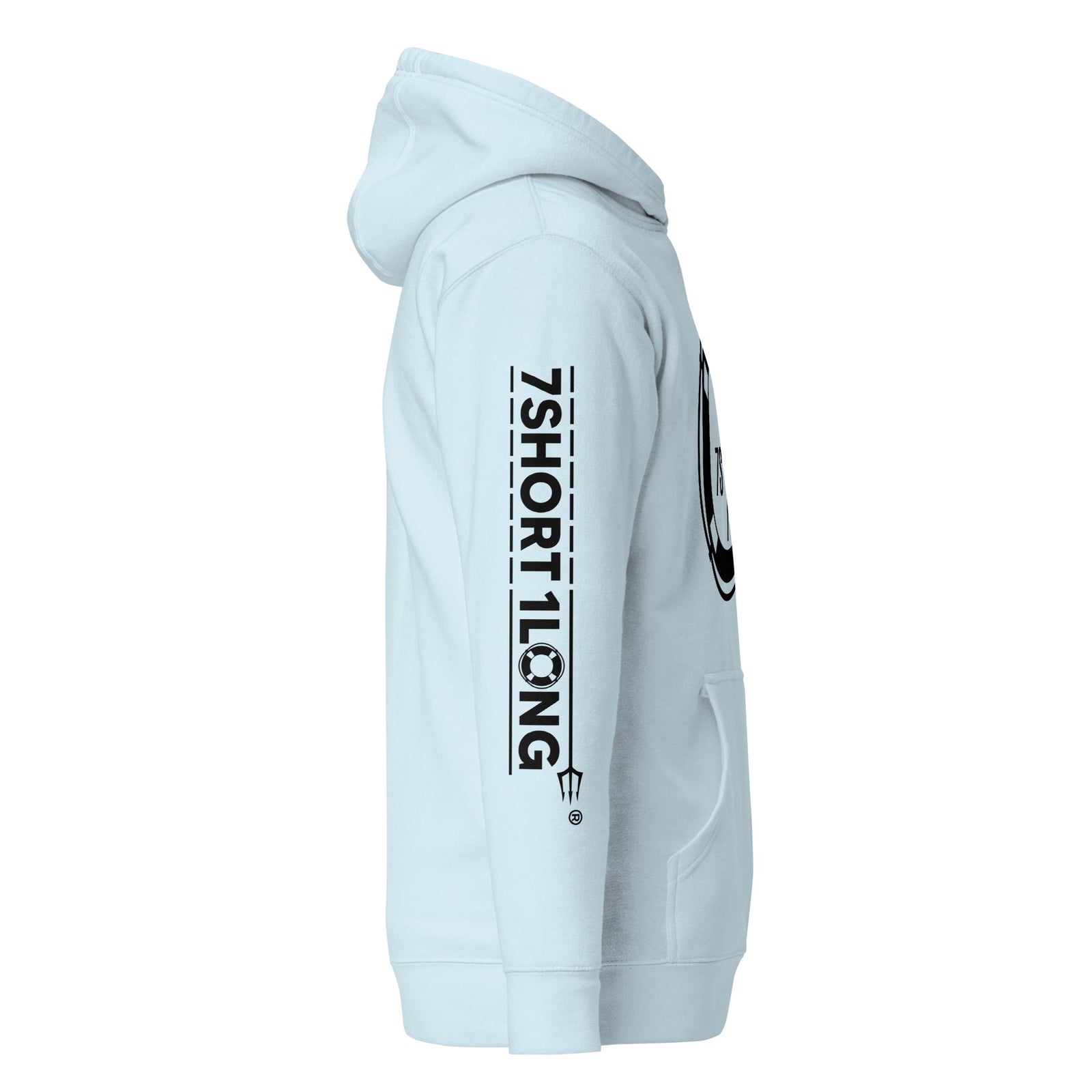 Unisex sky blue cotton hoodie from 7SHORT1LONG® with "Sign On Sign Off Crew" printed on the front.