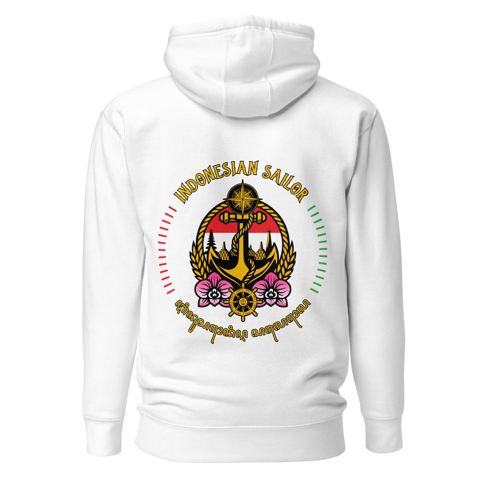 Unisex white Indonesian Sailor Hoodie by 7SHORT1LONG® with cotton heritage fabric and a back design.