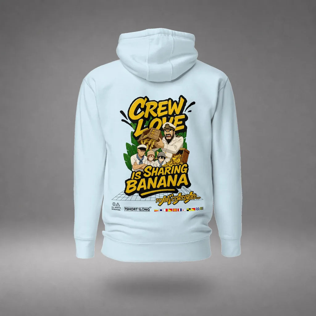 Crew Humor Hoodie: Crew Love Is Sharing Banana in Sky Blue, back view, floating over a gray studio floor.
