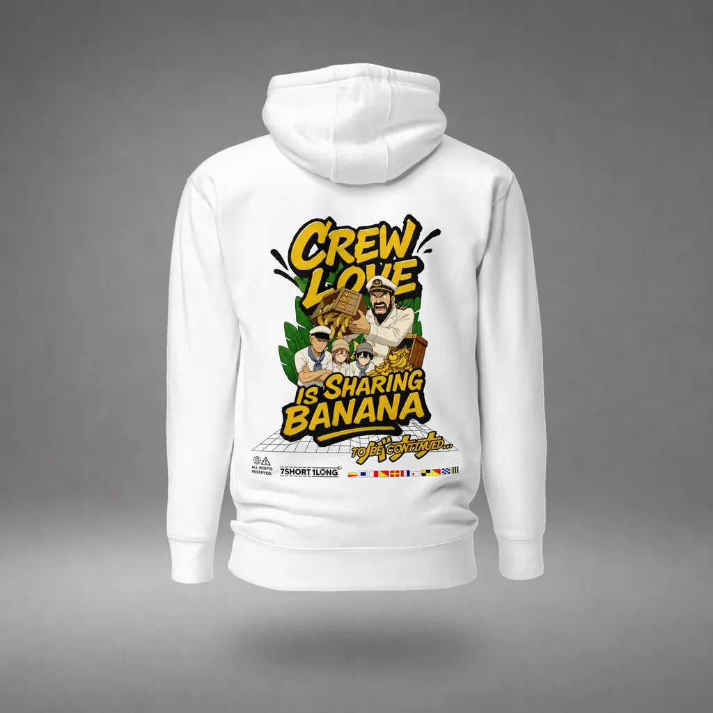 Crew Humor Hoodie: Crew Love Is Sharing Banana in White, back view, floating over a gray studio floor.