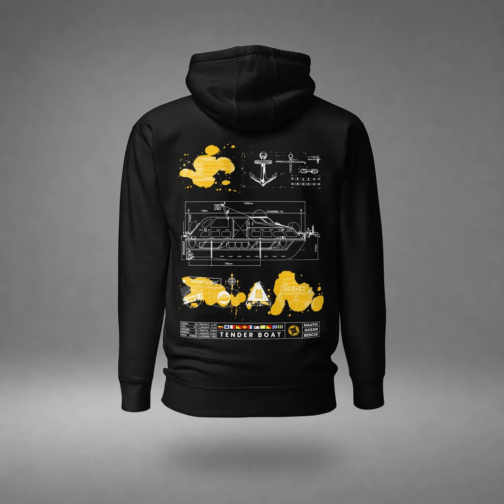 Cruise Ship Tender Hoodie in Black, back view, floating over a gray studio floor.