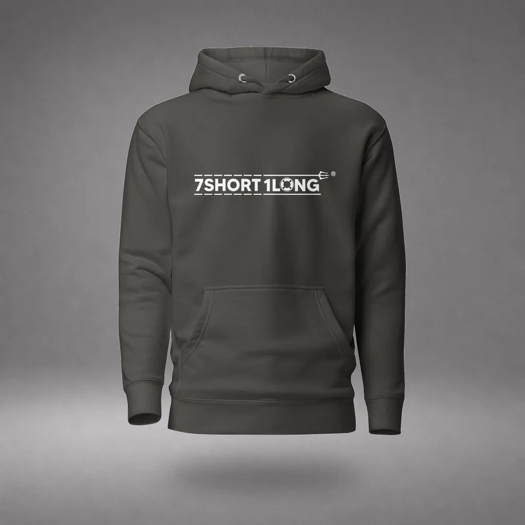 Cruise Ship Tender Hoodie in Black, front view, floating over a gray studio floor.